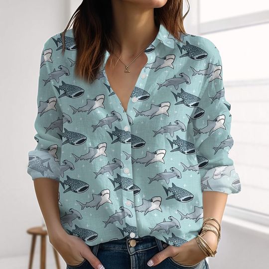 Discover Cute Shark Linen-Look Shirt, Retro Ocean Animal Blouse Shirt, Vacation Shirt For Women, Summer Sea Life Shirt, Coastal Gift For Her