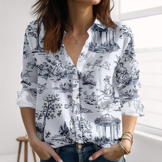 Toile De Jouy Linen-Look Shirt, Vintage Scenic Women Shirt, French Cottagecore Blouse Shirt, Shirt For Women