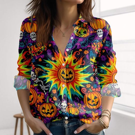 Discover Halloween Pumpkin Linen-Look Shirt, Skeleton Bat Blouse Shirt, Jack O Lantern Casual Shirt, Spooky Women Shirt, Funny Halloween Gift