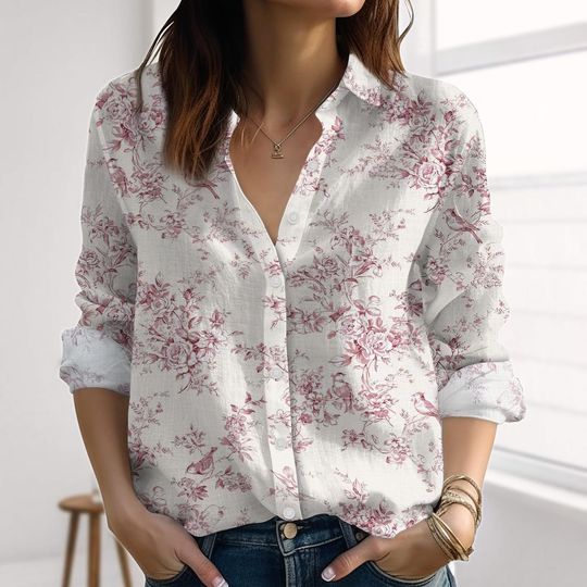 Vintage Flowers Linen-Look Shirt, Cottagecore Blouses Tops, Nature Love Casual Shirt, Retro Garden Women Shirt, Summer Gift For Her