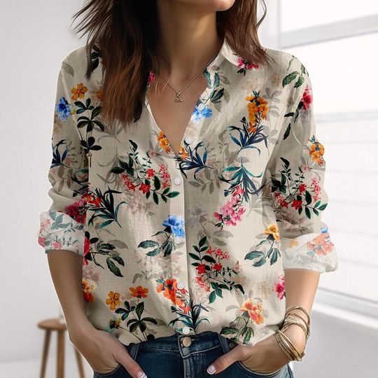 Discover Vintage Floral Linen-Look Shirt, Retro Botanical Women Shirt, Gardening Blouse Shirt, Cottagecore Button Women Shirt, Gift For Her