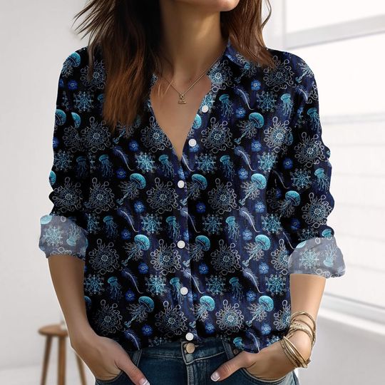 Discover Jellyfish Linen-Look Shirt, Deep Sea Oceancore Women Shirt, Glow In Dark Blouse Shirt, Sea Love Button Up Shirt