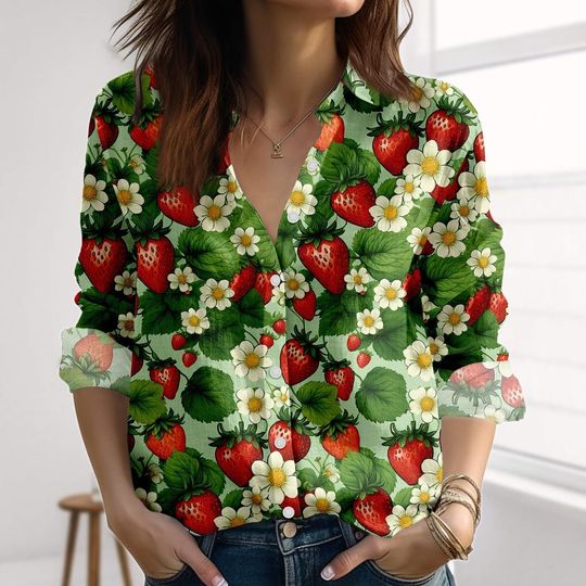 Discover Strawberry Linen-Look Shirt, Cottagecore Floral Women Shirt, Cute Berry Blouse Shirt, Fruit Fresh Shirt For Summer, Gift For Her