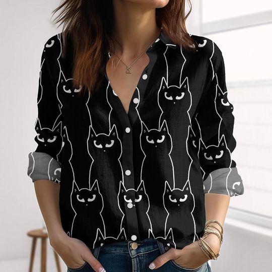 Discover Black Cat Linen-Look Shirt, Halloween Cat Blouse Shirt, Shirts For Women, Spooky Season Button Shirt, Halloween Gift
