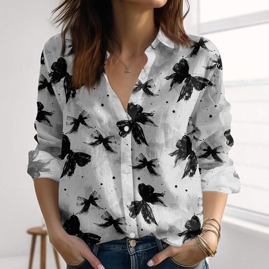 Discover Retro Halloween Bow Linen-Look Shirt, Black Bows Shirts For Women, Gothic Blouse Shirt, Spooky Button Shirt, Halloween Gift