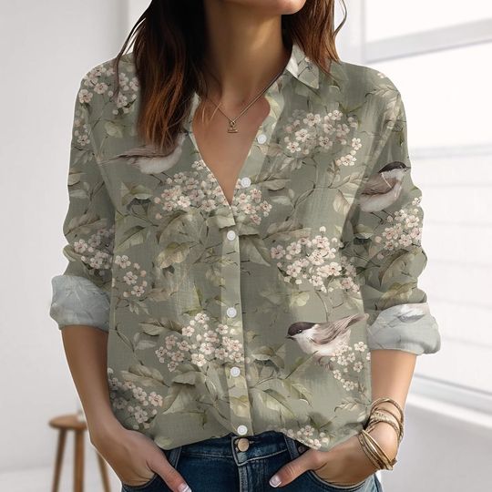 Discover Birds Flowers Bows Linen-Look Shirt, Botanical Blouses Tops, Vintage Garden Women Shirt, Nature Love Casual Shirt, Summer Gifts