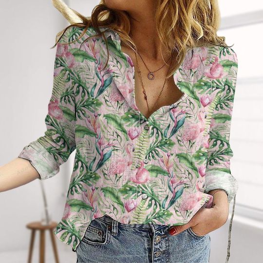 Tropical Flamingos Linen-Look Shirt, Tropical Pattern Button Shirt, Beachy Party Blouses Tops Women, Birds Casual Shirt For Summer