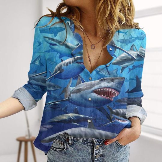 Shark Linen-Look Shirt, Retro Ocean Shark Blouse Shirt, Sea Life Shirts For Women, Funny Shark Shirt For Vacation