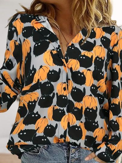 Discover Black Cats Pumpkins Linen-Look Shirt, Spooky Season Blouse Shirt, Cute Witchy Shirts For Women, Cat Lover Halloween Gift
