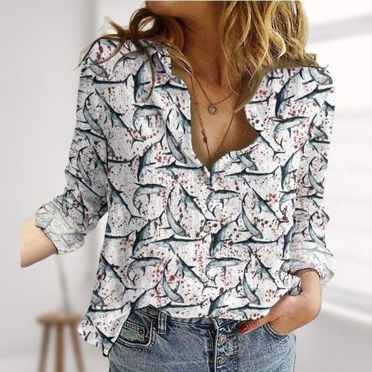 Discover Halloween Sharks Linen-Look Shirt, Horror Ocean Theme Blouse Shirt, Summer Beach Casual Top, Women Shirt For Spooky Season