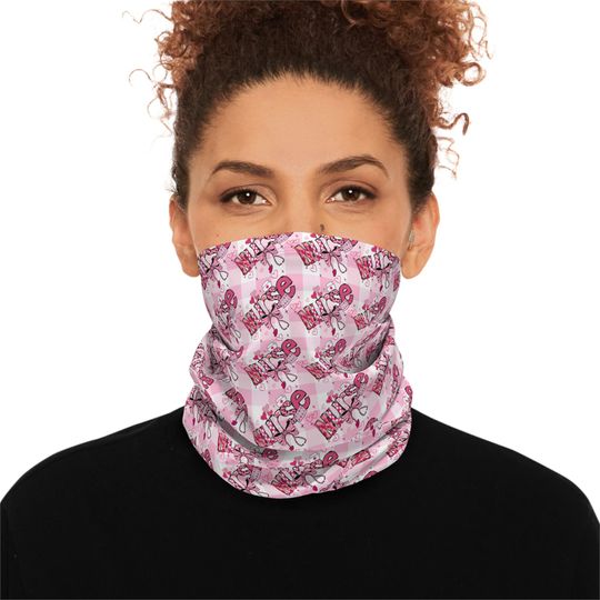Pink Gingham Neck Gaiter - Drawstring Winter Face Mask