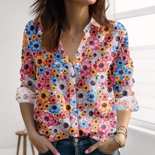 Flowers Linen-Look Shirt, Floral Flowers Blouse Shirt, Spring Garden Casual Tops, Plant Love Summer Shirt, Gift For Her