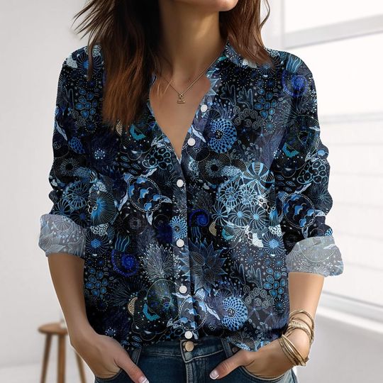 Ocean Night Linen-Look Shirt, Sea Shell Starfish Blouse Shirt, Coastal Shirt for Women, Beachy Button Shirt, Summer Gifts