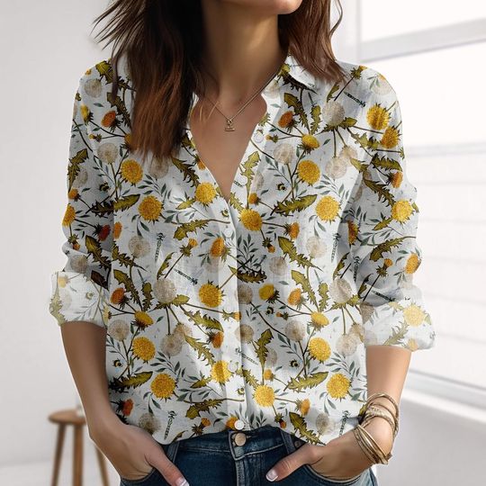 Discover Dandelion Floral Linen-Look Shirt, Wildflower Blouse Shirt, Honeybee Shirts for Women, Cottagecore Button Shirt For Summer