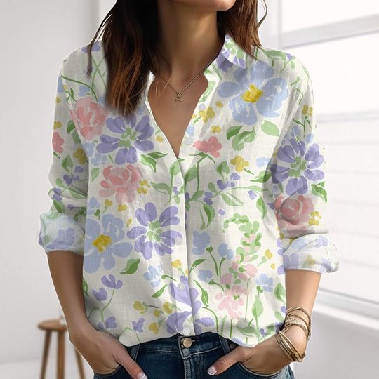Vintage Floral Linen-Look Shirt, Cottagecore Blouses Top Women, Nature Love Casual Shirt, Watercolor Flowers Shirt, Summer Gift For Her