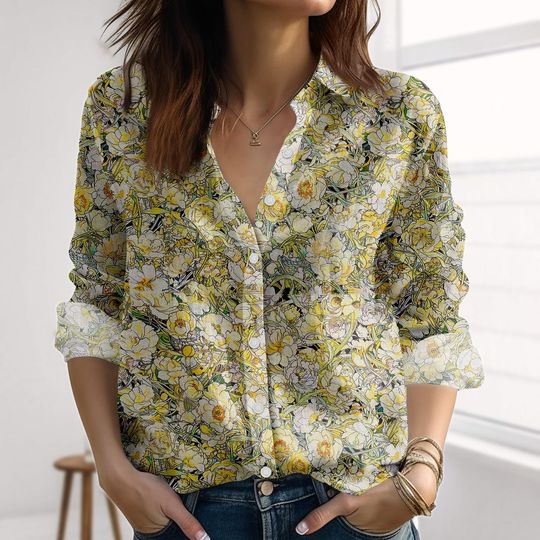 Bee Floral Linen-Look Shirt, Cottagecore Blouses Tops, Nature Love Casual Shirt, Gardening Women Shirt, Boho Shirt, Summer Gift For Her