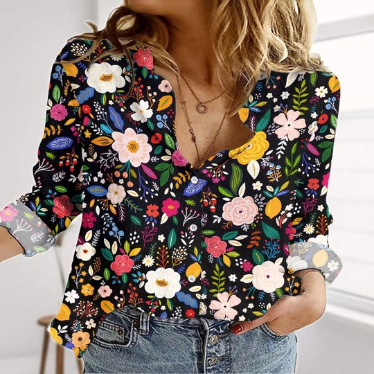 Wildflower Linen-Look Shirt, Gardening Casual Shirt, Plant Lover Women Shirt, Floral Flowers Blouse Shirt for Women, Nature Summer Shirt