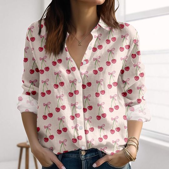 Cherry Linen-Look Shirt, Fruit Women Shirt, Summer Cherry Blouse Tops Women, Nature Love Casual Shirt, Summer Gifts Women