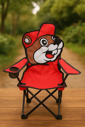 Buc-ees Kids Folding Camp Chair  Red Beaver Character Outdoor Chair with Cup Holder