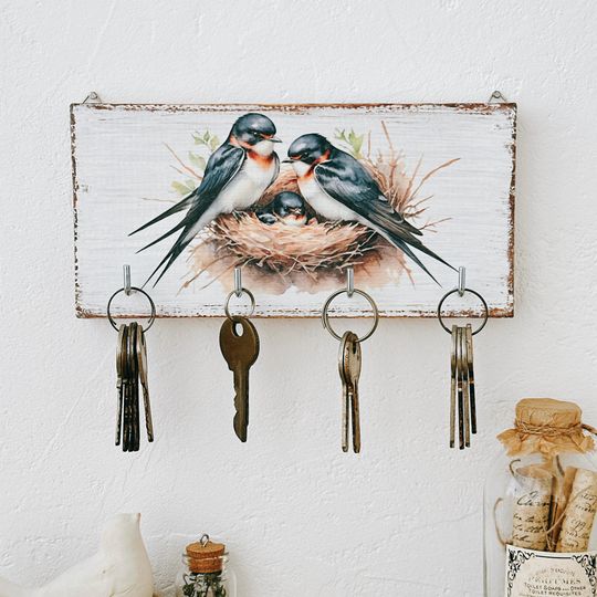 Wall Swallow Key Holder, Small Wooden Key Rack, Farmhouse Entryway Decor
