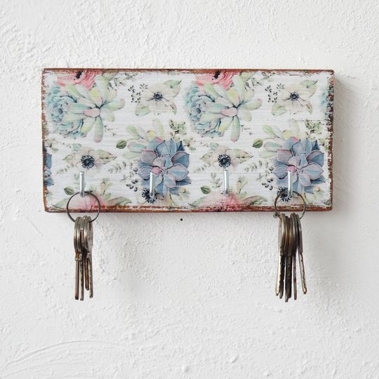 Wooden Wall Key Holder with Succulent & Floral Design Rustic Cottagecore Entryway Organizer