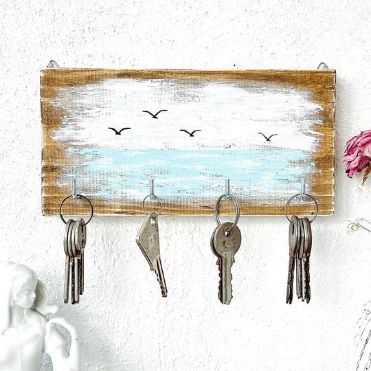 Wooden Ocean Key Holder with Beach Scene Wall Decor