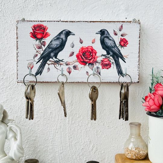 Wooden Key Holder with Crows and Roses, Wall Mount Key Rack, Gothic Home Decor, Raven Wall Art