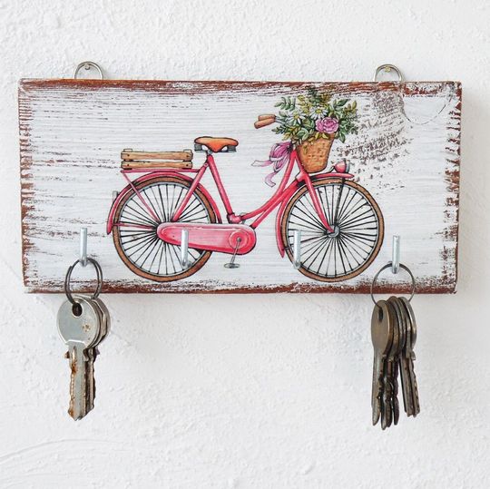 Wooden Bike Key Holder for Wall, Rustic Pink Bicycle Key Rack, Home Decor