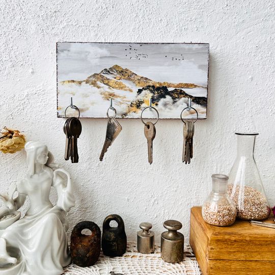 Wooden Mountain Landscape Key Holder, Wall Key Organizer, Entryway Decor for Nature Lovers
