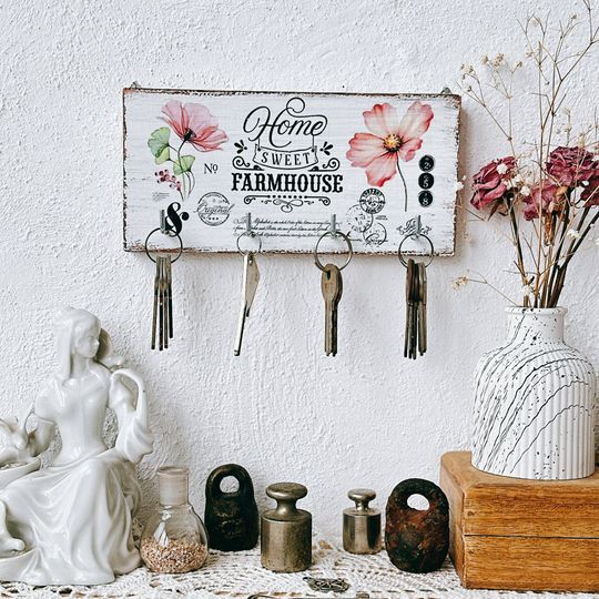 Home Sweet Farmhouse Wooden Key Holder Wall Decor