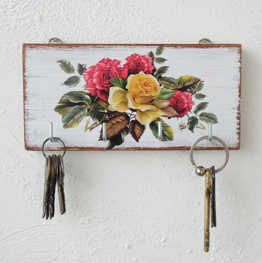 Old Country Roses Wall Key Holder, Wooden Wall Decor with Red and Yellow Roses