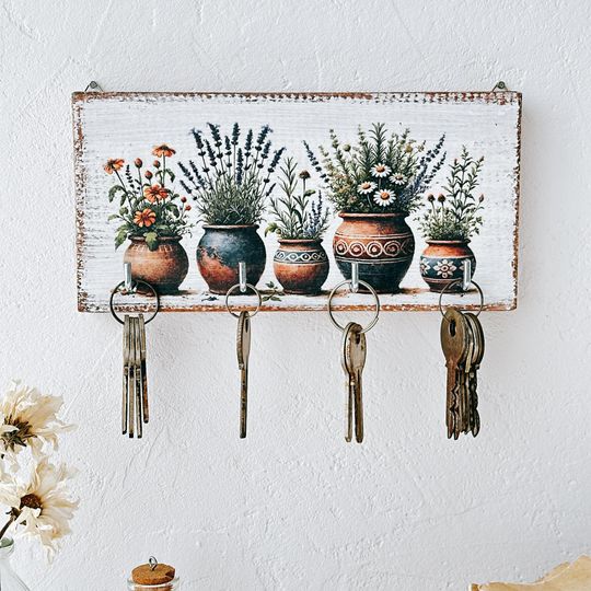 Rustic Wooden Wall Key Holder with Herb Pot and Botanical Design