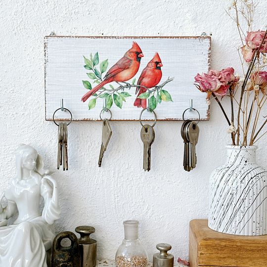 Handmade Rustic Cardinal Bird Wooden Key Holder Wall Decor