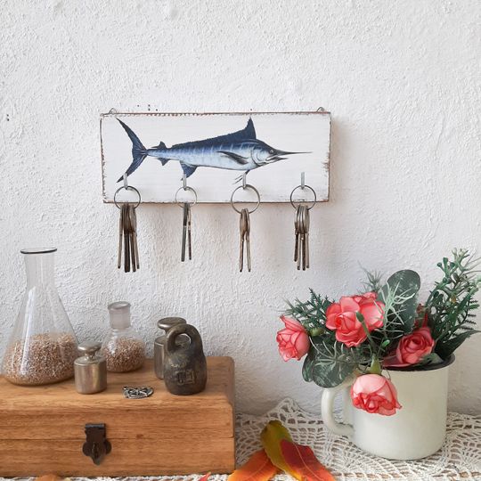 Marlin Key Holder, Blue Marlin Wall Decor, Wooden Wall Key Organizer