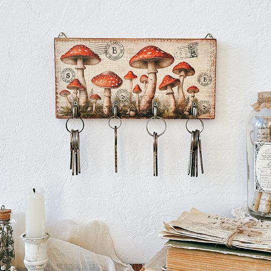 Mushroom Wooden Key Holder, Cottagecore Key Rack for Home & Living