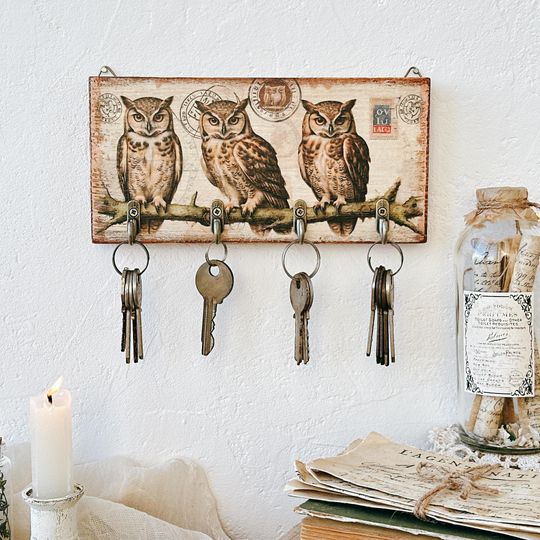 Rustic Owl Wooden Key Holder Wall Rack