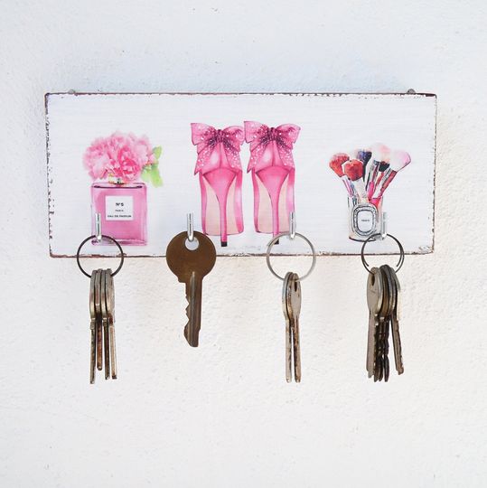 Handmade Pink Wooden Key Holder - Glam Entryway Organizer