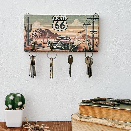 Rustic Route 66 Wooden Wall Key Holder, Retro Home Decor