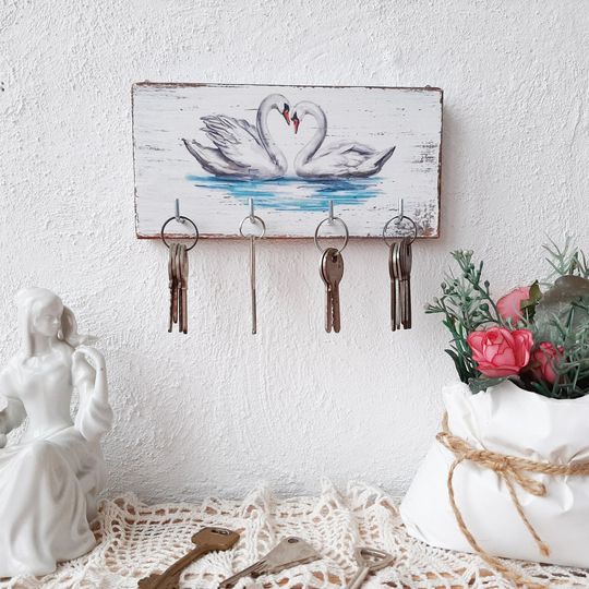 Handmade Wooden Swan Key Holder - Romantic Home Decor