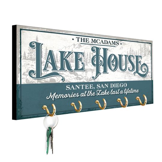 Personalized Lake House Key Holder, Rustic Wooden Family Decor