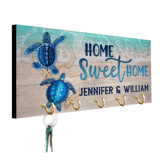 Personalized Beach House Key Holder, Turtle Wooden Key Decor, Custom Family Gift