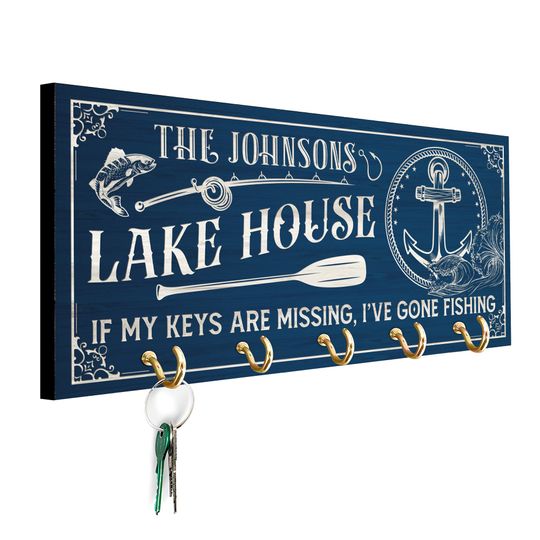 Personalized Lake House Key Holder Rustic Wooden Wall Decor