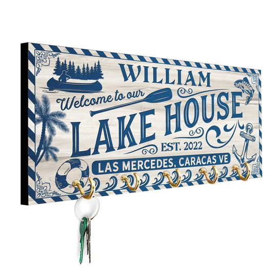 Personalized Lake House Key Holder, Rustic Wooden Wall Decor