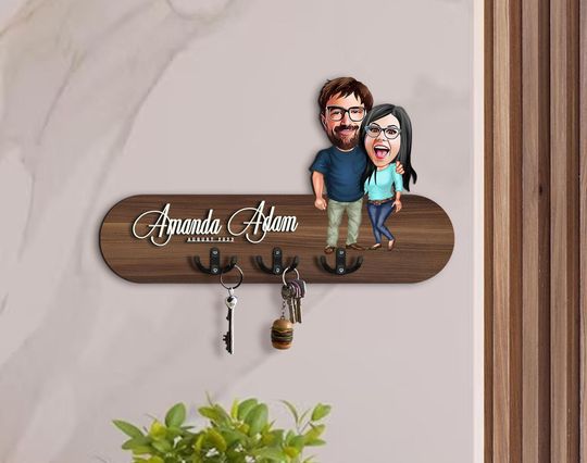 Personalized 3D Wood Entryway Organizer with Cartoon, Wooden Key Holder, Housewarming Gift, Custom Caricature, Gift for Couple, Home Decor