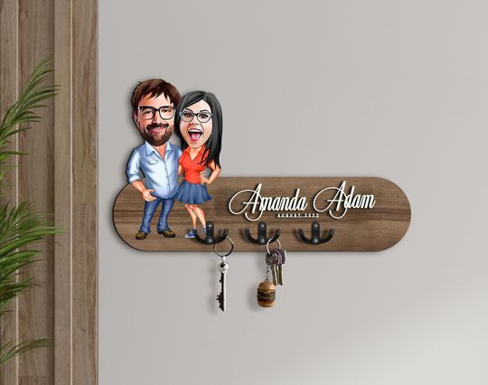 Personalized 3D Wood Entryway Organizer with Cartoon, Wooden Key Holder, Housewarming Gift, Custom Caricature, Gift for Couple, Home Decor