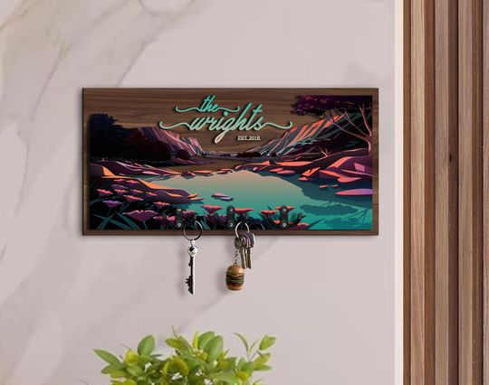 Personalized 3D Wooden Landscape Painting Entryway Organizer, Key Holder, Wood Mail Organizer, Home Decor, Wedding Gift, Wood Wall Art
