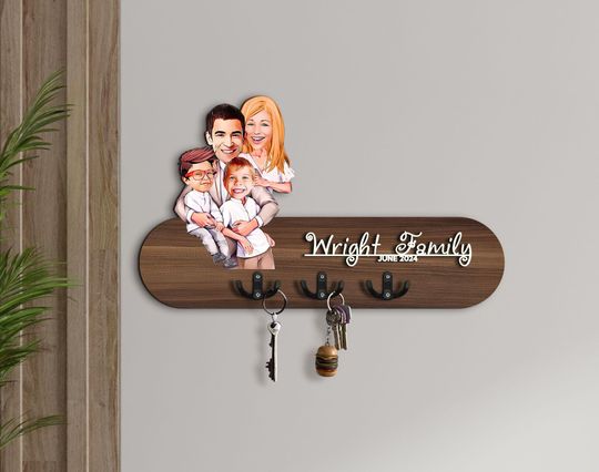 Personalized 3D Wood Cartoon Family Entryway Organizer, Caricature Gift, Wooden Key Holder, Housewarming Gift, Wood Wall Hanger, Family Gift