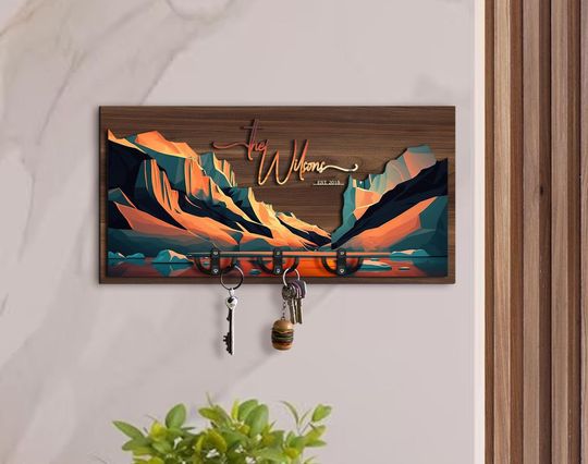 Personalized 3D Wooden Landscape Painting Entryway Organizer, Key Holder, Wood Mail Organizer, Home Decor, Wedding Gift, Wood Wall Art