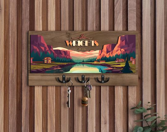 Personalized 3D Wooden Landscape Painting Entryway Organizer, Key Holder, Wood Mail Organizer, Home Decor, Wedding Gift, Wood Wall Art
