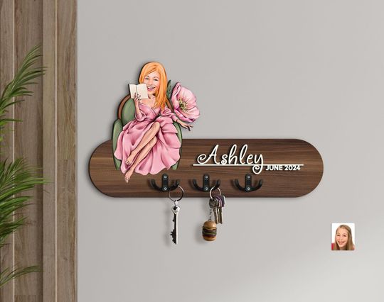Personalized 3D Wood Cartoon Portrait Entryway Organizer, Custom Caricature Portrait, Wooden Key Holder, Wood Wall Hanger, Gift for Her